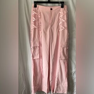 Romwe pink size 6 lace up ribbon pants cargo pockets  boho wide leg